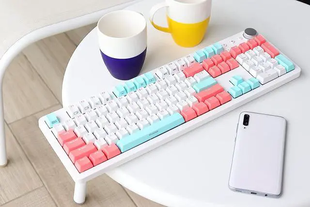 Alt view image 5 of 5 - i-rocks K73M Mechanical Gaming Keyboard with Media Control Knob, 107 Keys, PBT Keycaps, Multimedia Hotkeys, Detachable USB-C Cable (Cherry MX Blue Switches, Mint Peach)