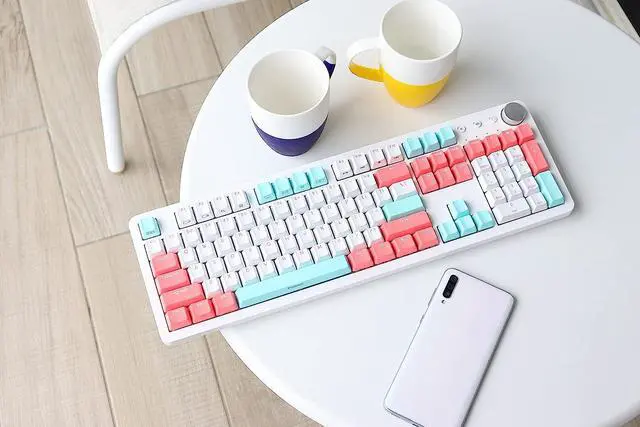 Alt view image 4 of 5 - i-rocks K73M Mechanical Gaming Keyboard with Media Control Knob, 107 Keys, PBT Keycaps, Multimedia Hotkeys, Detachable USB-C Cable (Cherry MX Blue Switches, Mint Peach)