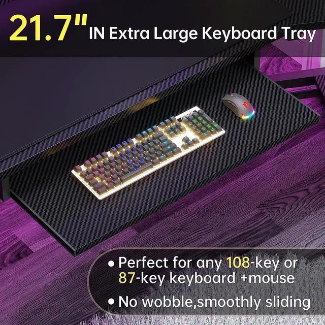 Alt view image 5 of 7 - 79" Gaming Desk, Computer Desk with 2 Fabric Drawers & LED Light, L Shaped Gaming Desk with Storage Shelf for Home Office, Carbon Fiber w/Free Mouse Pad - Black