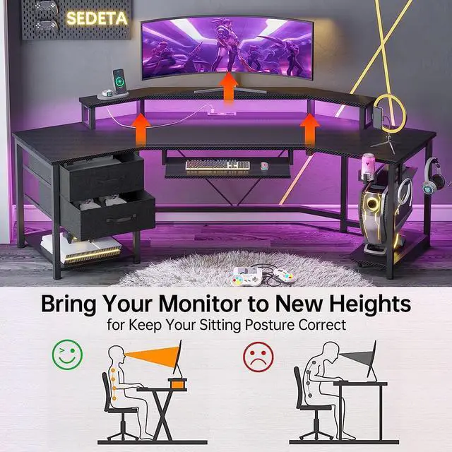 Alt view image 7 of 7 - 79" Gaming Desk, Computer Desk with 2 Fabric Drawers & LED Light, L Shaped Gaming Desk with Storage Shelf for Home Office, Carbon Fiber w/Free Mouse Pad - Black