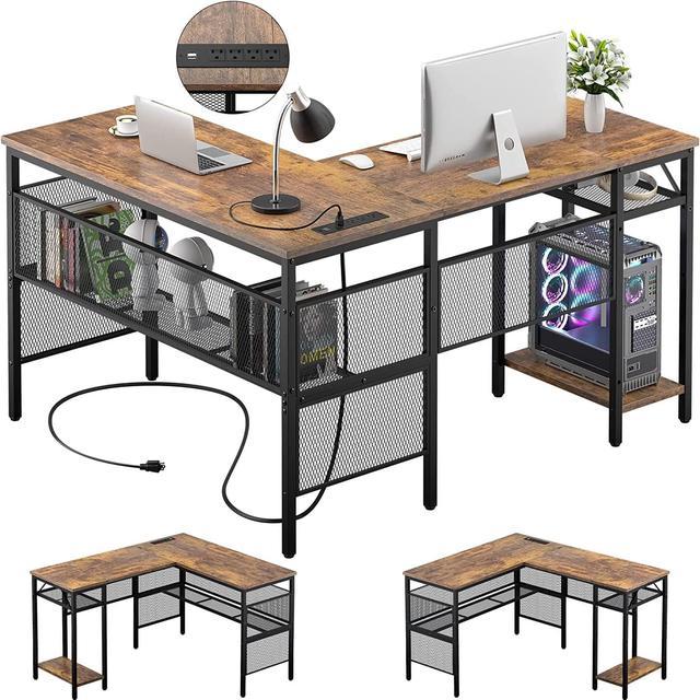 Industrial L-Shaped Desk with Storage Shelves, Corner Computer