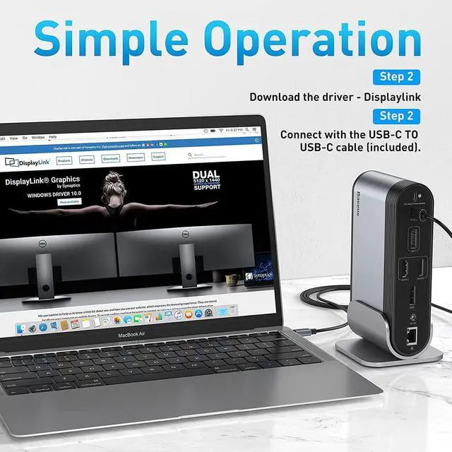 Alt view image 2 of 6 - Baseus Docking Station, 16-in-1 USB C Hub to Display on 4 Monitors, 2 HMDI, 2 DP, 2 USB-C Ports, 3 USB3.0 Ports, 1000Mbps LAN Port, MicroSD/TF Card Reader, Compatible with Windows and MacOS Laptops