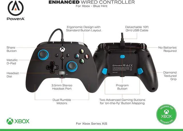 Alt view image 3 of 6 - PowerA Enhanced Wired Controller for Xbox Series X|S - Blue Hint, gamepad, wired video game controller, gaming controller, Xbox Series X|S