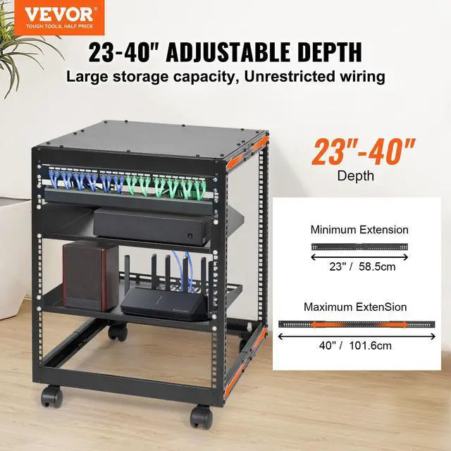 Alt view image 2 of 7 - 12U Open Frame Server Rack, 15''-40'' Adjustable Depth, Free Standing or Wall Mount Network Server Rack, 4 Post AV Rack with Casters, Holds All Your Networking IT Equipment AV Gear Router Modem