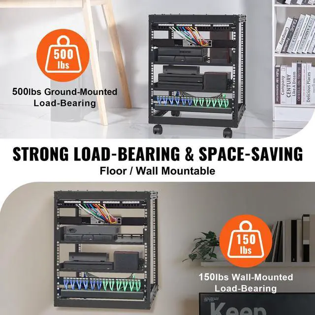 Alt view image 3 of 7 - 12U Open Frame Server Rack, 15''-40'' Adjustable Depth, Free Standing or Wall Mount Network Server Rack, 4 Post AV Rack with Casters, Holds All Your Networking IT Equipment AV Gear Router Modem