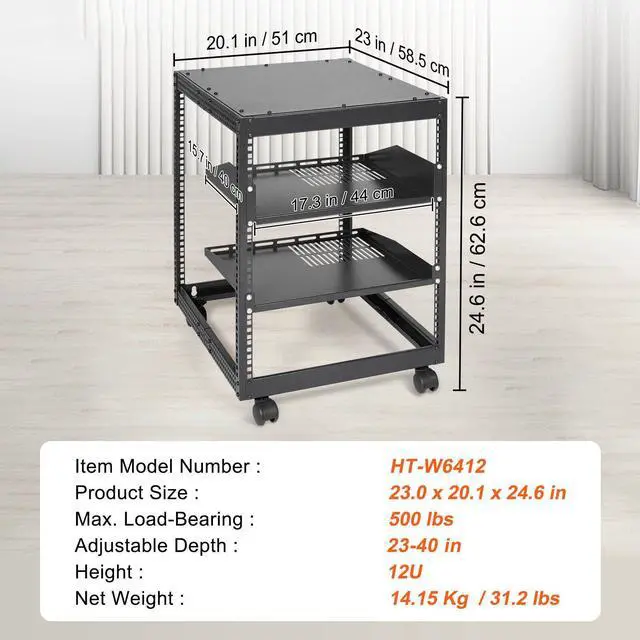 Alt view image 7 of 7 - 12U Open Frame Server Rack, 15''-40'' Adjustable Depth, Free Standing or Wall Mount Network Server Rack, 4 Post AV Rack with Casters, Holds All Your Networking IT Equipment AV Gear Router Modem