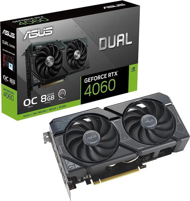Main image of ASUS Dual GeForce RTX 4060 OC Edition 8GB GDDR6 (PCIe 4.0, 8GB GDDR6, DLSS 3, HDMI 2.1a, DisplayPort 1.4a, 2.5-Slot Design, Axial-tech Fan Design, 0dB Technology, and More)