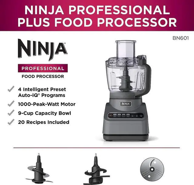 Alt view image 2 of 7 - Ninja Professional Plus Food Processor, 1000 Peak Watts, 4 Functions for Chopping, Slicing, Purees & Dough with 9-Cup Processor Bowl, 3 Blades, Food Chute & Pusher, Silver