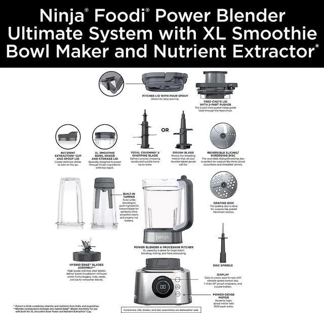 Alt view image 6 of 7 - Ninja Foodi Power Blender Ultimate System with 72 oz Blending & Food Processing Pitcher, XL Smoothie Bowl Maker and Nutrient Extractor* & 7 Functions, Silver