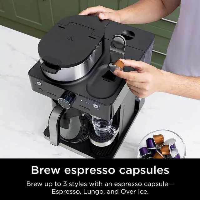 Alt view image 2 of 7 - Ninja Espresso & Coffee Barista System, Single-Serve Coffee & Nespresso Capsule Compatible, 12-Cup Carafe, Built-in Frother, Espresso, Cappuccino & Latte Maker, Black & Stainless Steel