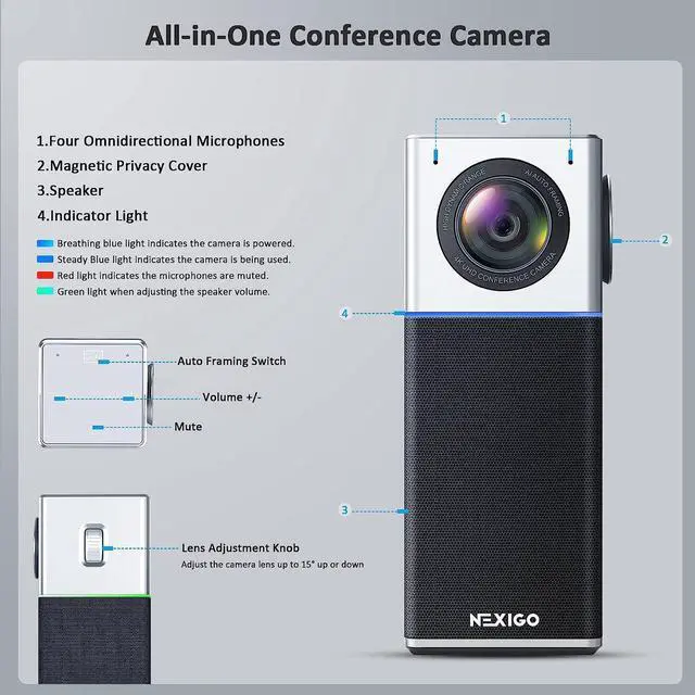 Alt view image 3 of 7 - NexiGo N3000 4K Portable Video Conference Camera, Zoom Certified, AI Webcam with Speaker and Microphone, Auto-Framing, Noise Cancellation, 4-Mic Array, 48kHz, Video Audio System for Zoom/Teams/Webex