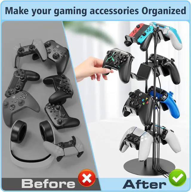 Alt view image 6 of 7 - Controller Stand 4 Tiers with Cable Organizer for Desk, Universal Controller Display Stand Compatible with Xbox PS5 PS4 Nintendo Switch, Headset Holder & Desk Mounts for 8 Packs Controller
