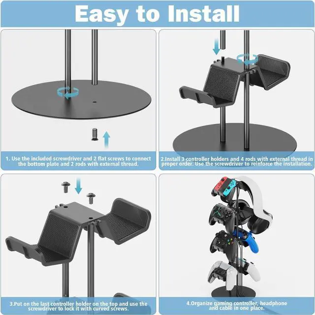Alt view image 4 of 7 - Controller Stand 4 Tiers with Cable Organizer for Desk, Universal Controller Display Stand Compatible with Xbox PS5 PS4 Nintendo Switch, Headset Holder & Desk Mounts for 8 Packs Controller