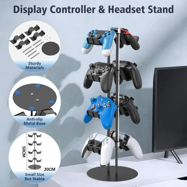 Alt view image 5 of 7 - Controller Stand 4 Tiers with Cable Organizer for Desk, Universal Controller Display Stand Compatible with Xbox PS5 PS4 Nintendo Switch, Headset Holder & Desk Mounts for 8 Packs Controller