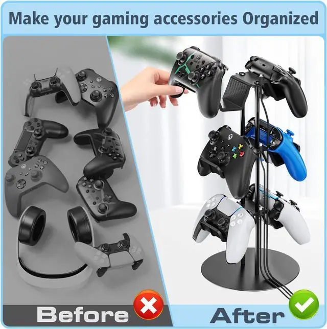 Alt view image 5 of 6 - Controller Stand 3 Tiers with Cable Organizer for Desk, Universal Controller Display Stand Compatible with Xbox PS5 PS4 Nintendo Switch, Headset Holder & Desk Mounts for 8 Packs Controller