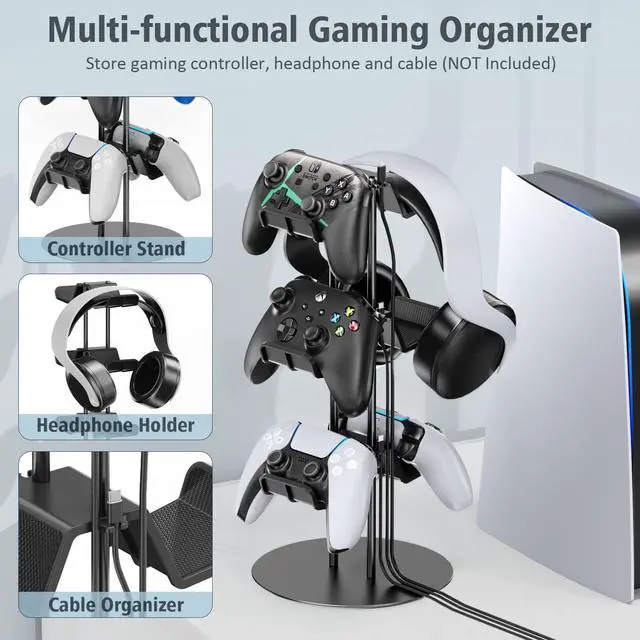 Alt view image 2 of 6 - Controller Stand 3 Tiers with Cable Organizer for Desk, Universal Controller Display Stand Compatible with Xbox PS5 PS4 Nintendo Switch, Headset Holder & Desk Mounts for 8 Packs Controller