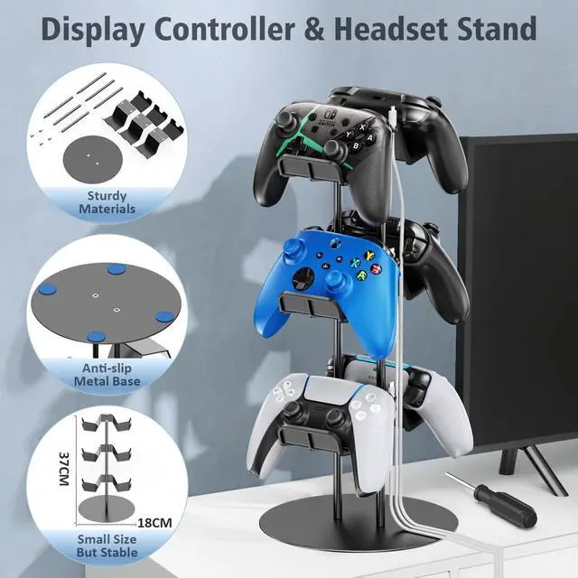 Alt view image 4 of 6 - Controller Stand 3 Tiers with Cable Organizer for Desk, Universal Controller Display Stand Compatible with Xbox PS5 PS4 Nintendo Switch, Headset Holder & Desk Mounts for 8 Packs Controller