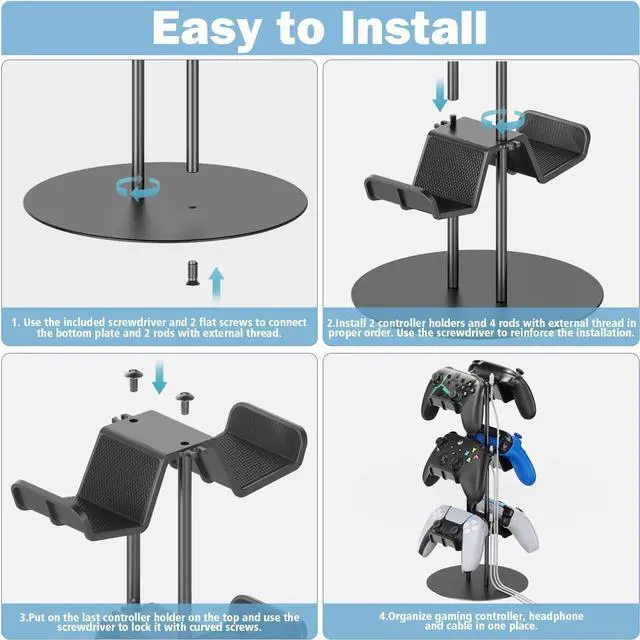 Alt view image 3 of 6 - Controller Stand 3 Tiers with Cable Organizer for Desk, Universal Controller Display Stand Compatible with Xbox PS5 PS4 Nintendo Switch, Headset Holder & Desk Mounts for 8 Packs Controller