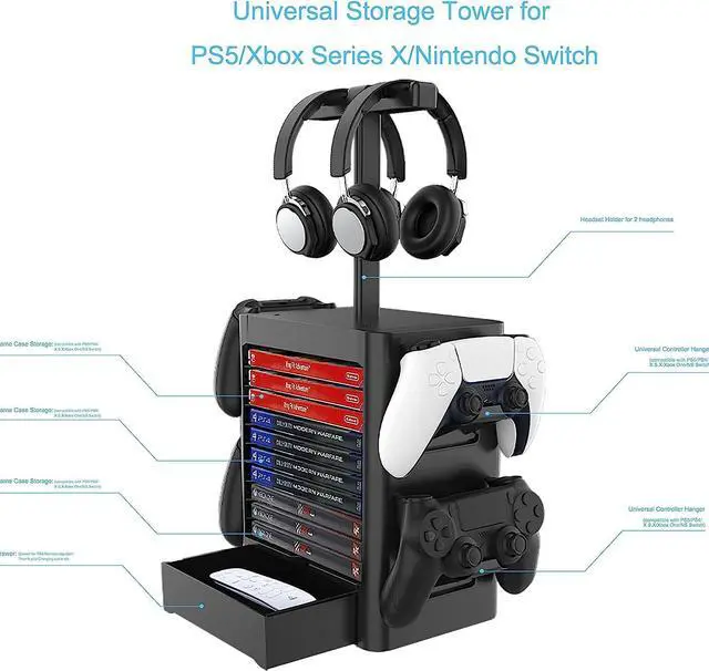 Alt view image 5 of 6 - Games Storage Tower(Up to 10 Games) for PS5,Game Disk Rack and Controller/Headset Stand Holder Compatible with Xbox Series X/Nintendo Switch/PS4