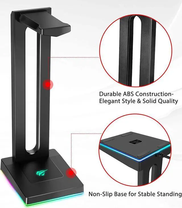 Alt view image 2 of 7 - RGB Headphones Stand with 3.5mm AUX and 2 USB Ports, Headphone Holder for Gamers Gaming PC Accessories