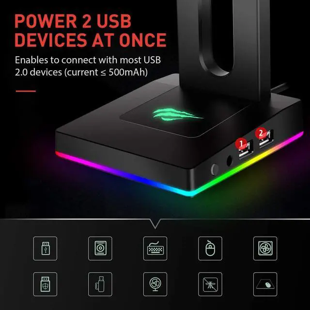 Alt view image 5 of 7 - RGB Headphones Stand with 3.5mm AUX and 2 USB Ports, Headphone Holder for Gamers Gaming PC Accessories