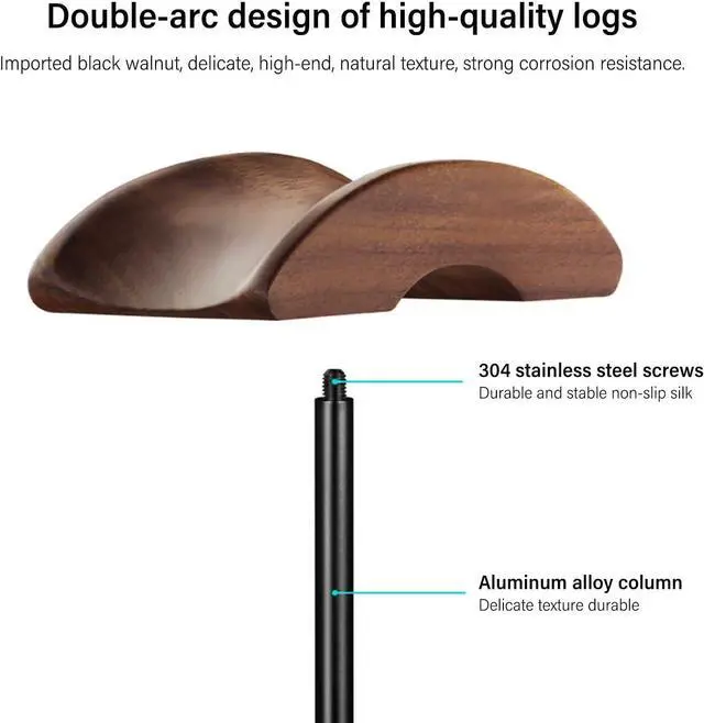 Alt view image 3 of 7 - Headphone Stand, Walnut Wood & Aluminum Headset Stand, Nature Walnut Gaming Headset Holder with Solid Heavy Base for All Headphone Sizes (Black)