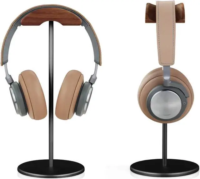 Alt view image 2 of 7 - Headphone Stand, Walnut Wood & Aluminum Headset Stand, Nature Walnut Gaming Headset Holder with Solid Heavy Base for All Headphone Sizes (Black)