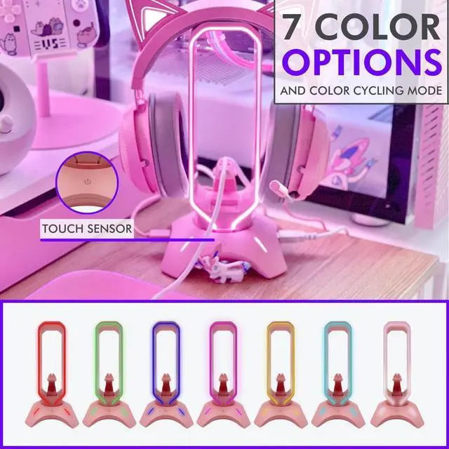 Alt view image 3 of 6 - RGB Headset Stand and Gaming Headphone Stand for Desk Display with Mouse Bungee Cord Holder - Gaming Headset Holder with USB 2.0 Hub for Xbox, PS4, PC - Perfect Gaming Accessories Gift  - Pink
