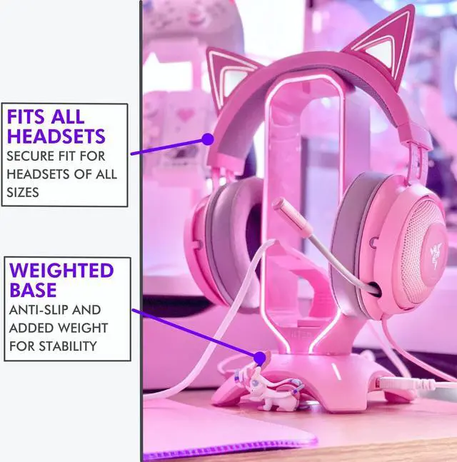 Alt view image 2 of 6 - RGB Headset Stand and Gaming Headphone Stand for Desk Display with Mouse Bungee Cord Holder - Gaming Headset Holder with USB 2.0 Hub for Xbox, PS4, PC - Perfect Gaming Accessories Gift  - Pink