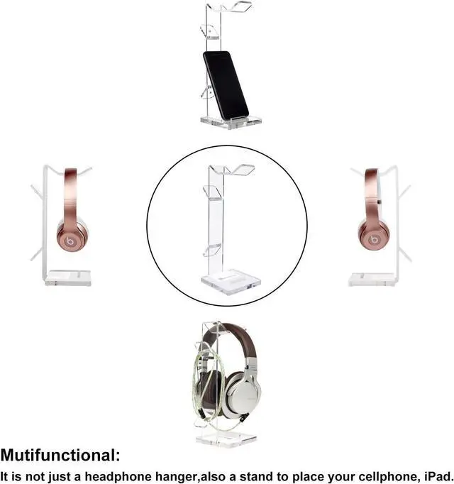 Alt view image 5 of 7 - Headphone Stand Gaming Headset Holder for Desk Cable Organizer & Cellphone Stand for All Headphones Size Headphone Holder Set for Gaming PC Accessories Gaming Station Transparent