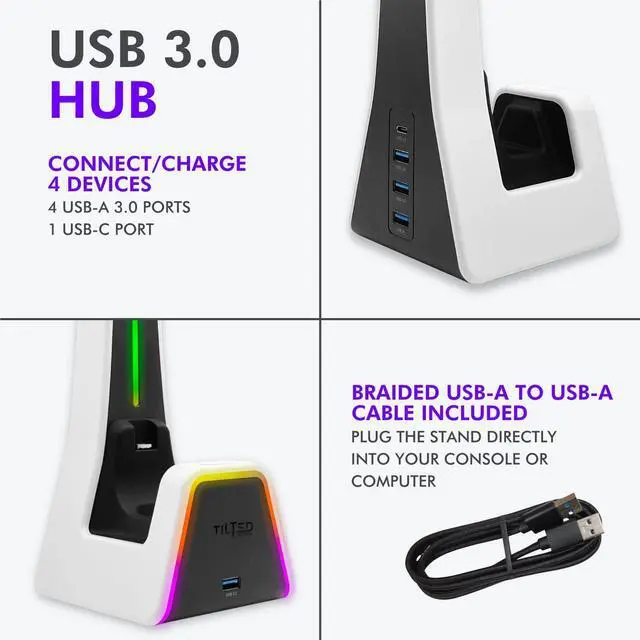 Alt view image 6 of 7 - RGB Headset and Controller Stand with Charging Station - for Playstation or PC - PS4 / PS5 Controller Holder with Charger - Headphone and Game Controller Holder for Desk - White