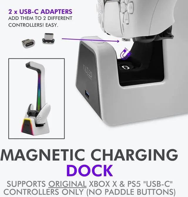 Alt view image 5 of 7 - RGB Headset and Controller Stand with Charging Station - for Playstation or PC - PS4 / PS5 Controller Holder with Charger - Headphone and Game Controller Holder for Desk - White