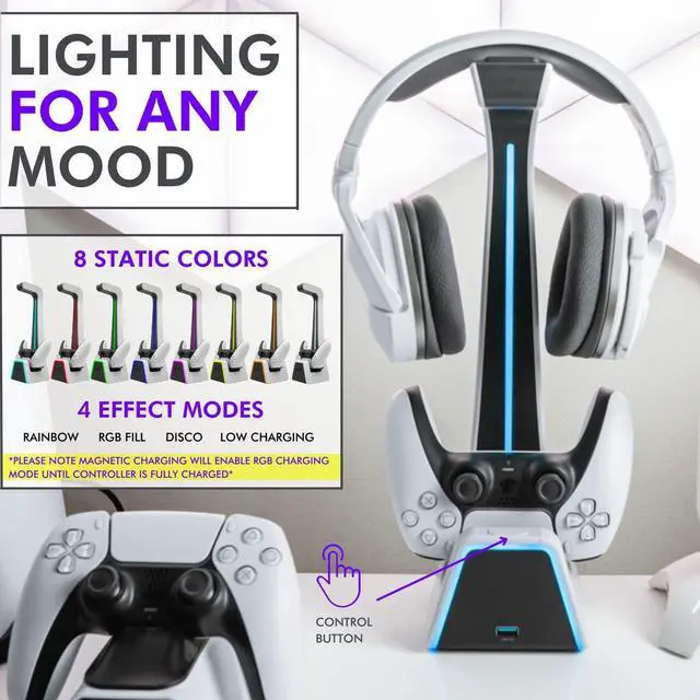 Alt view image 3 of 7 - RGB Headset and Controller Stand with Charging Station - for Playstation or PC - PS4 / PS5 Controller Holder with Charger - Headphone and Game Controller Holder for Desk - White