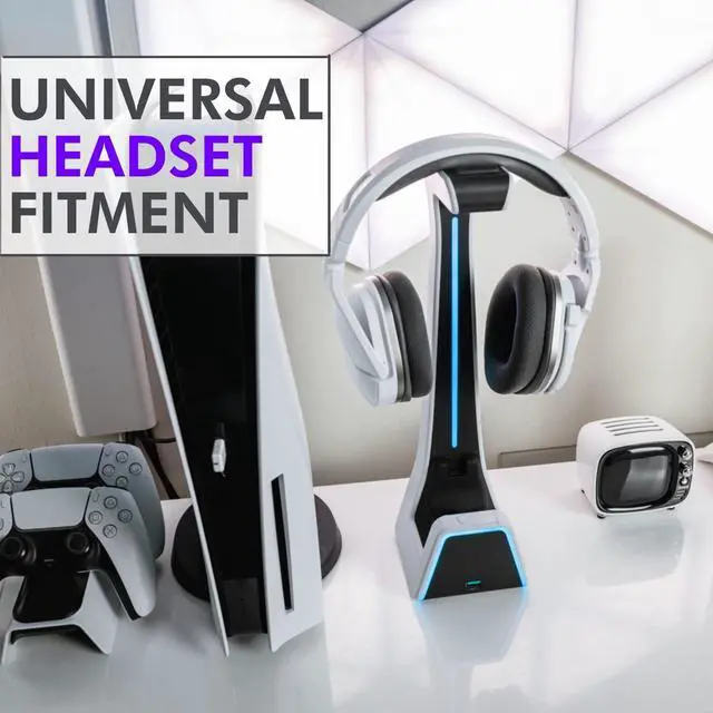 Alt view image 7 of 7 - RGB Headset and Controller Stand with Charging Station - for Playstation or PC - PS4 / PS5 Controller Holder with Charger - Headphone and Game Controller Holder for Desk - White