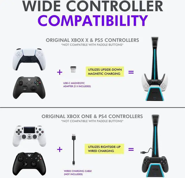 Alt view image 4 of 7 - RGB Headset and Controller Stand with Charging Station - for Playstation or PC - PS4 / PS5 Controller Holder with Charger - Headphone and Game Controller Holder for Desk - White