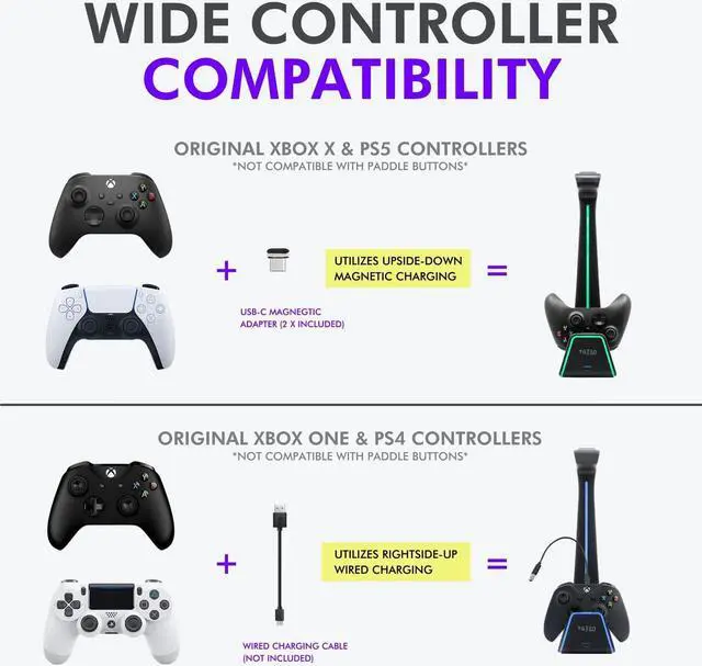 Alt view image 4 of 7 - RGB Headset and Controller Stand with Charging Station - for Playstation or PC - PS4 / PS5 Controller Holder with Charger - Headphone and Game Controller Holder for Desk - Black