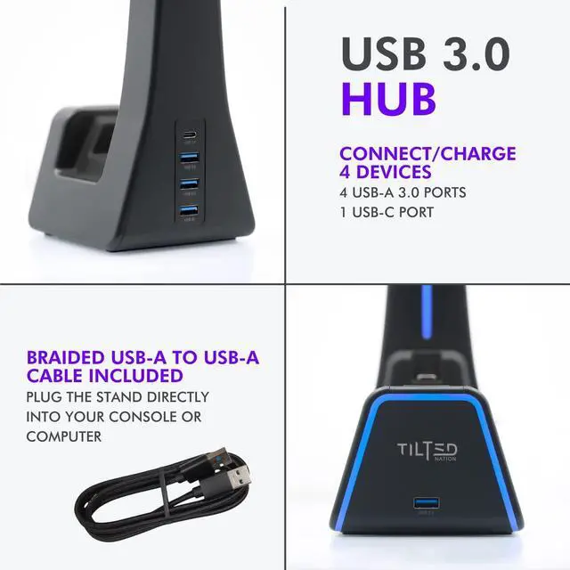 Alt view image 6 of 7 - RGB Headset and Controller Stand with Charging Station - for Playstation or PC - PS4 / PS5 Controller Holder with Charger - Headphone and Game Controller Holder for Desk - Black