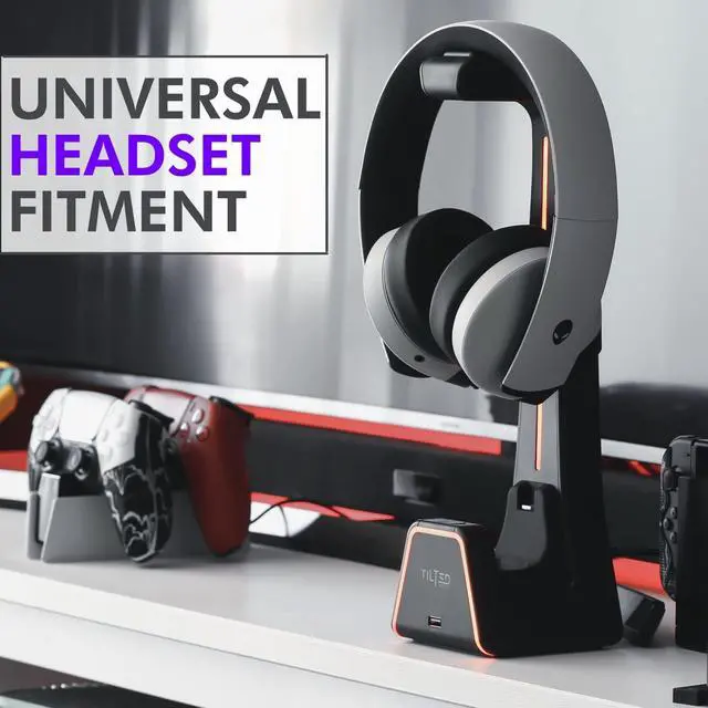 Alt view image 7 of 7 - RGB Headset and Controller Stand with Charging Station - for Playstation or PC - PS4 / PS5 Controller Holder with Charger - Headphone and Game Controller Holder for Desk - Black