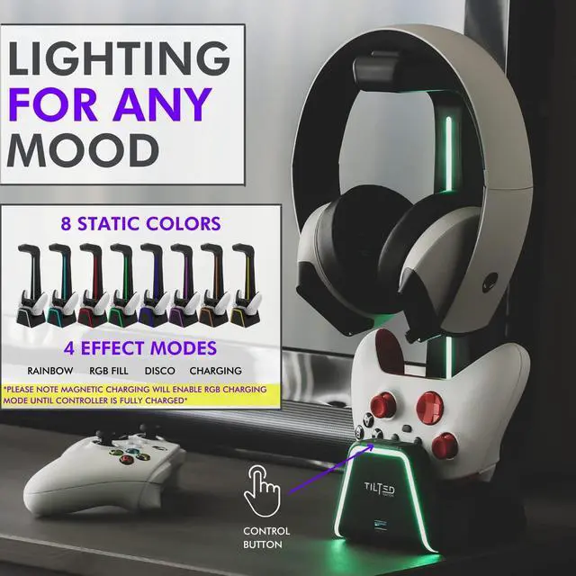 Alt view image 3 of 7 - RGB Headset and Controller Stand with Charging Station - for Playstation or PC - PS4 / PS5 Controller Holder with Charger - Headphone and Game Controller Holder for Desk - Black