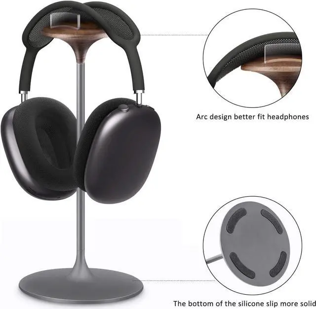 Alt view image 5 of 7 - Headphone Stand, Walnut Wood & Aluminum Headset Stand, Nature Walnut Gaming Holder for AirPods Max, Beats, Bose, Sennheiser, Sony, Audio-Technica and More (Gray)