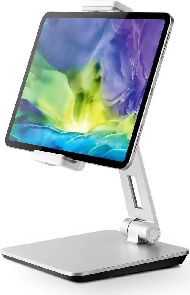 Main image of Tablet Stand, Adjustable Heavy Duty Aluminum Stand, 360° Swivel Foldable Holder for iPad, Samsung Tab, Kindle (4.7-13"), Design for Desk Kitchen Bedside Office POS Reception (Silver)