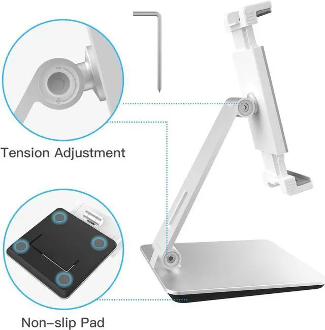 Alt view image 4 of 6 - Tablet Stand, Adjustable Heavy Duty Aluminum Stand, 360° Swivel Foldable Holder for iPad, Samsung Tab, Kindle (4.7-13"), Design for Desk Kitchen Bedside Office POS Reception (Silver)