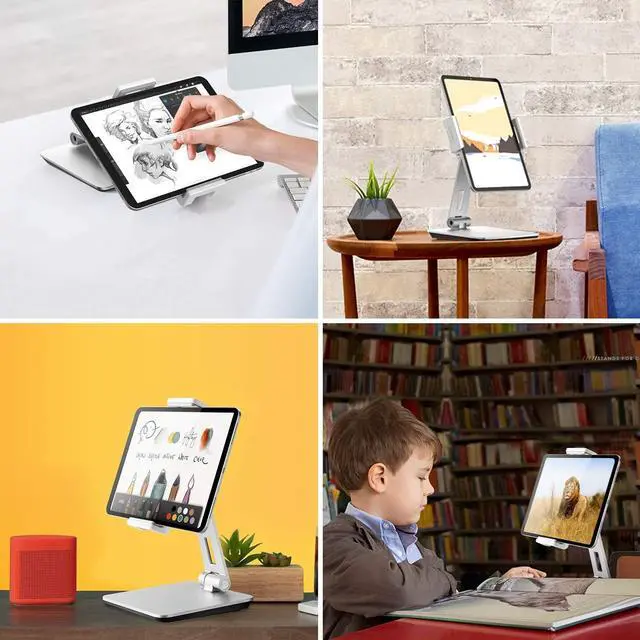 Alt view image 2 of 6 - Tablet Stand, Adjustable Heavy Duty Aluminum Stand, 360° Swivel Foldable Holder for iPad, Samsung Tab, Kindle (4.7-13"), Design for Desk Kitchen Bedside Office POS Reception (Silver)
