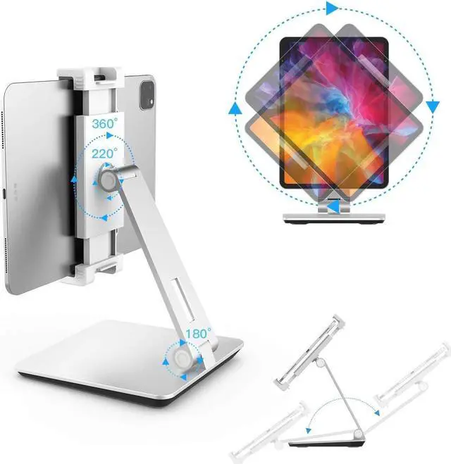 Alt view image 3 of 6 - Tablet Stand, Adjustable Heavy Duty Aluminum Stand, 360° Swivel Foldable Holder for iPad, Samsung Tab, Kindle (4.7-13"), Design for Desk Kitchen Bedside Office POS Reception (Silver)