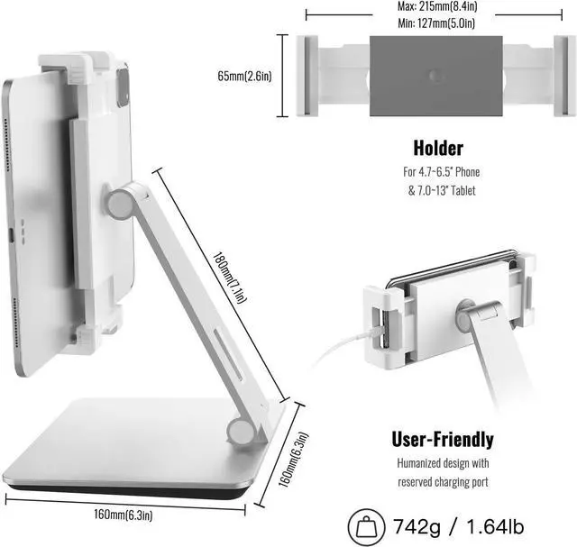 Alt view image 6 of 6 - Tablet Stand, Adjustable Heavy Duty Aluminum Stand, 360° Swivel Foldable Holder for iPad, Samsung Tab, Kindle (4.7-13"), Design for Desk Kitchen Bedside Office POS Reception (Silver)
