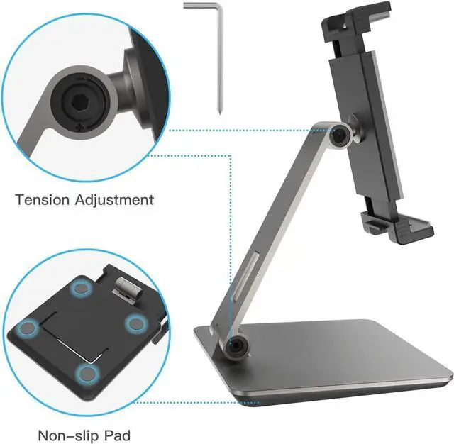 Alt view image 4 of 7 - Tablet Stand, Adjustable Heavy Duty Aluminum Stand, 360° Swivel Foldable Holder for iPad, Samsung Tab, Kindle (4.7-13"), Design for Desk Kitchen Bedside Office POS Reception (Gray)