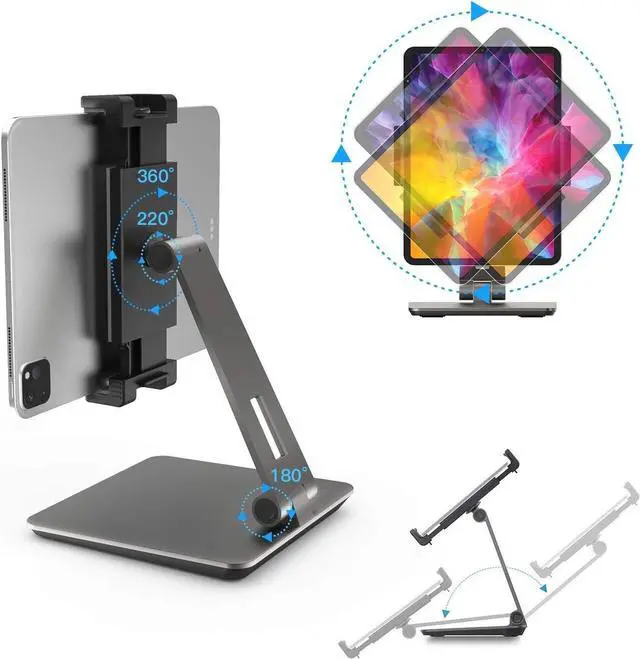 Alt view image 3 of 7 - Tablet Stand, Adjustable Heavy Duty Aluminum Stand, 360° Swivel Foldable Holder for iPad, Samsung Tab, Kindle (4.7-13"), Design for Desk Kitchen Bedside Office POS Reception (Gray)