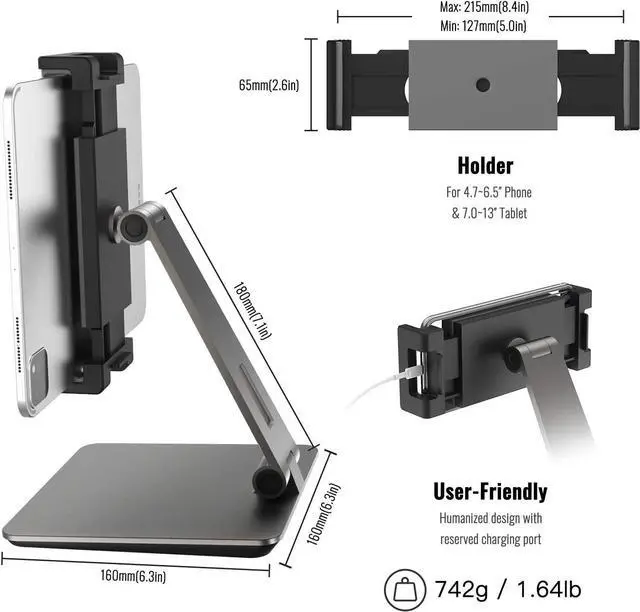 Alt view image 6 of 7 - Tablet Stand, Adjustable Heavy Duty Aluminum Stand, 360° Swivel Foldable Holder for iPad, Samsung Tab, Kindle (4.7-13"), Design for Desk Kitchen Bedside Office POS Reception (Gray)