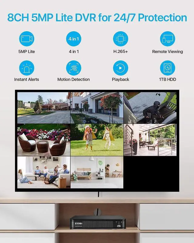 Alt view image 4 of 7 - ZOSI H.265+ Home Security Camera System,5MP Lite 8 Channel CCTV DVR Recorder with Hard Drive 1TB and 8 x 1080p Weatherproof Bullet Camera Outdoor Indoor with 80ft Night Vision, Motion Alerts