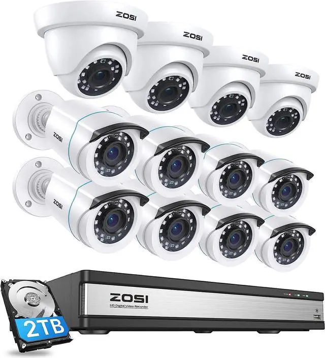Main image of ZOSI 1080p 16 Channel Security Camera System, H.265+ 16 Channel DVR with Hard Drive 2TB and 12 x 2MP Weatherproof Surveillance CCTV Bullet Dome Camera Outdoor Indoor, 80ft Night Vision, 90° View Angle